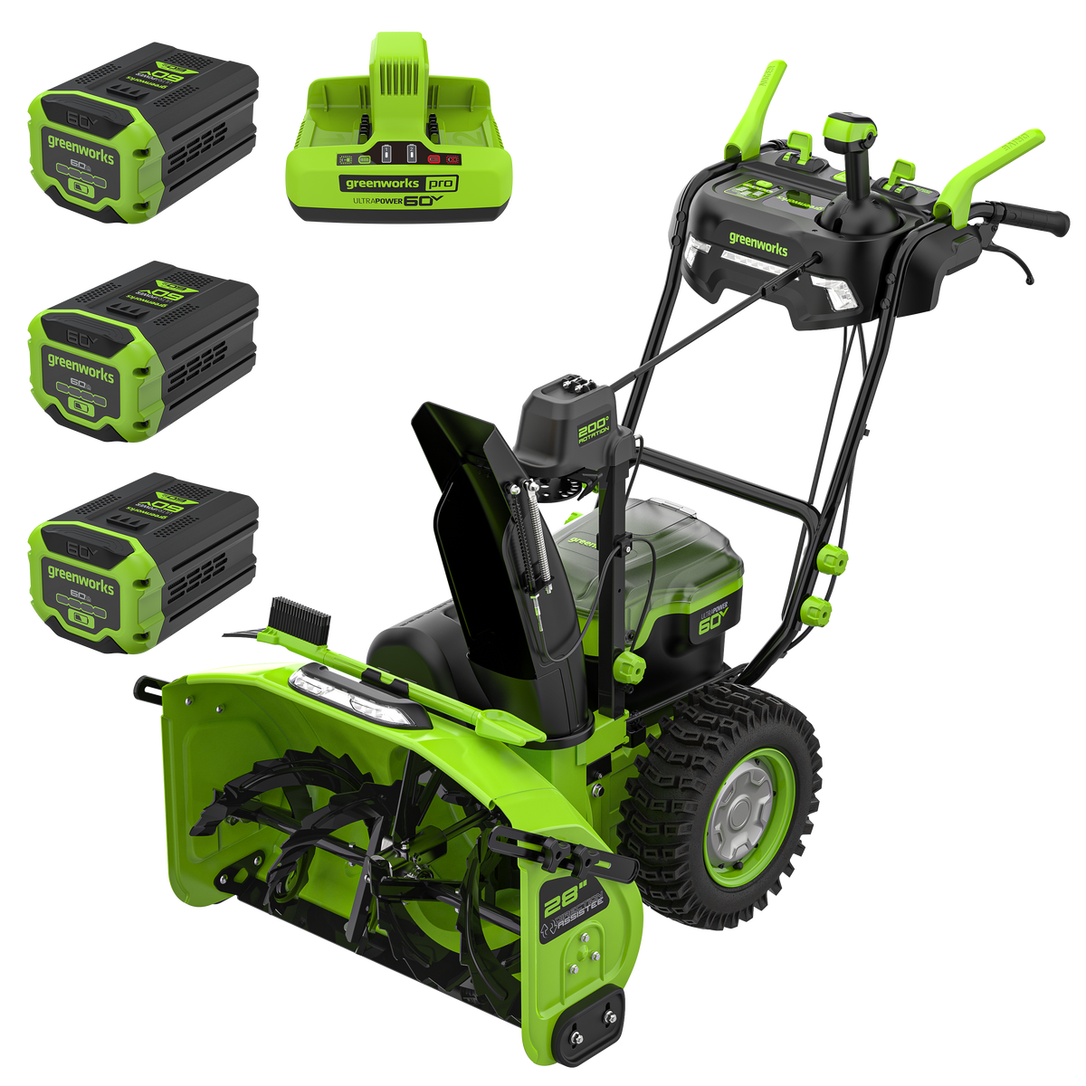 Souffleuse à neige à deux phases Greenworks 60 V de 28 po, avec trois batteries de 6,0 Ah et un chargeur à double port inclus