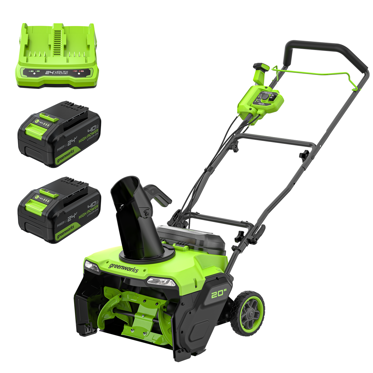 48V (2x24V) 20" Brushless Snow Thrower, (4) 4.0Ah Batteries & 4A Dual Rapid Charger Included