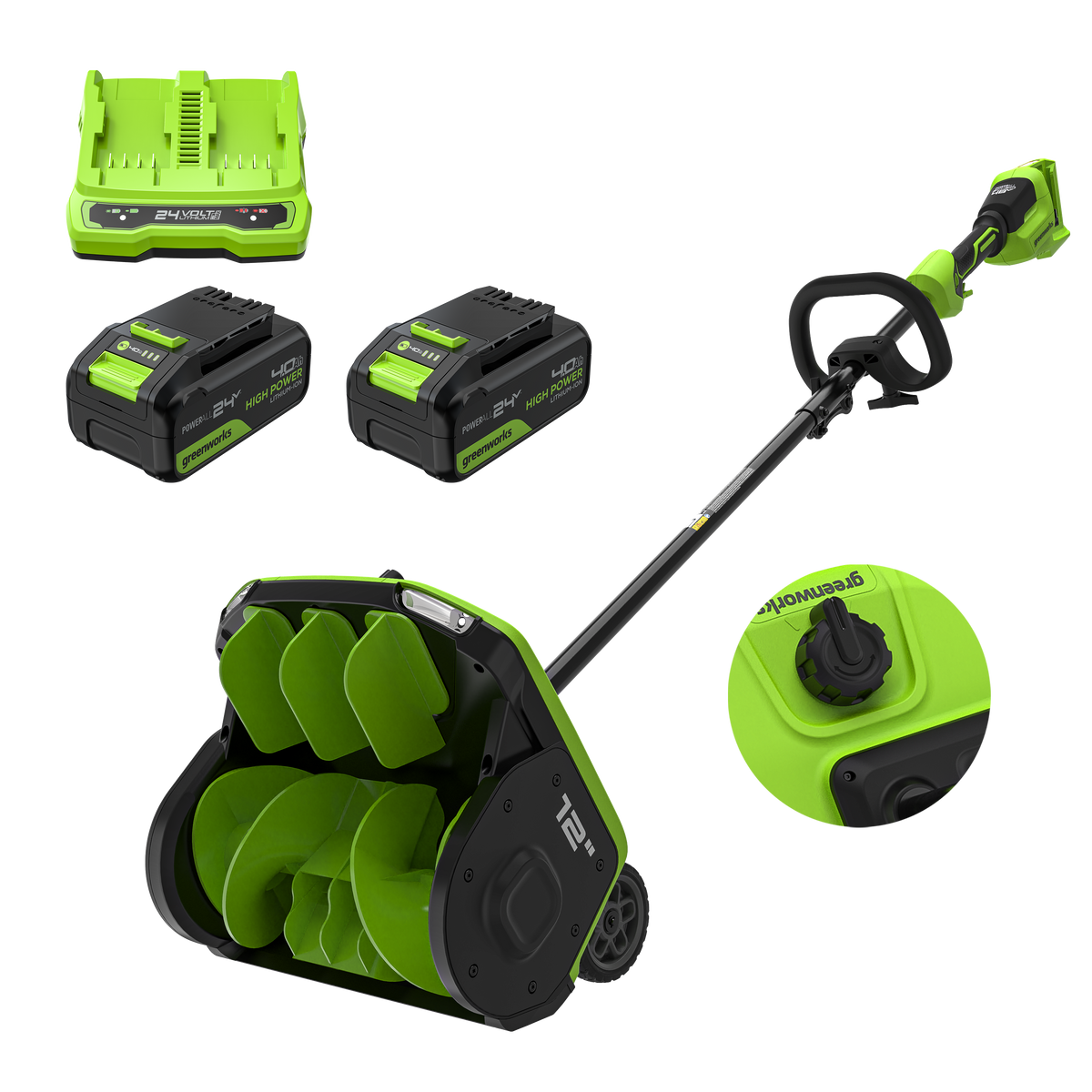 Pelle à neige sans balais Greenworks de 48 V (2 × 24 V) de 12 po avec ailettes directionnelles réglables, (2) batteries de 4,0 Ah et chargeur rapide à deux ports de 4 A, ensemble de roues inclus
