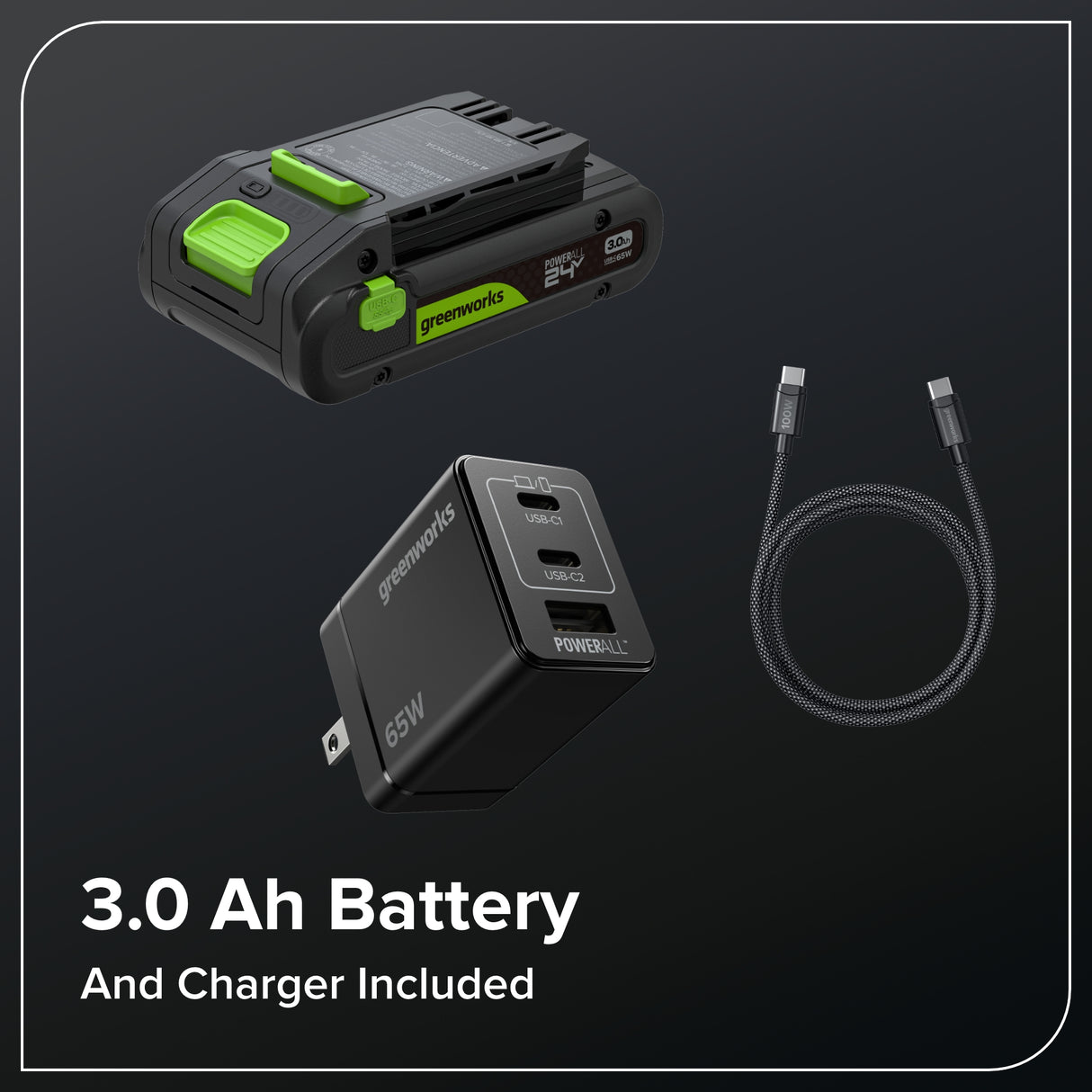 24V 12" Brushless String Trimmer, 3.0Ah Battery and 65W Type-C Charger with 3-ft Cable Included