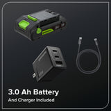 24V 12" Brushless String Trimmer, 3.0Ah Battery and 65W Type-C Charger with 3-ft Cable Included