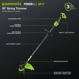 24V 15" Brushless String Trimmer, 6.0Ah Battery and 65W Type-C Charger with 3-FT Cable Included