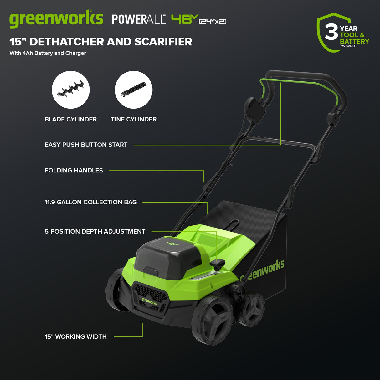 48V (24V X 2) 15" Cordless Battery Dethatcher/Scarifier, (2) 4.0Ah Batteries and 65W Charger Included