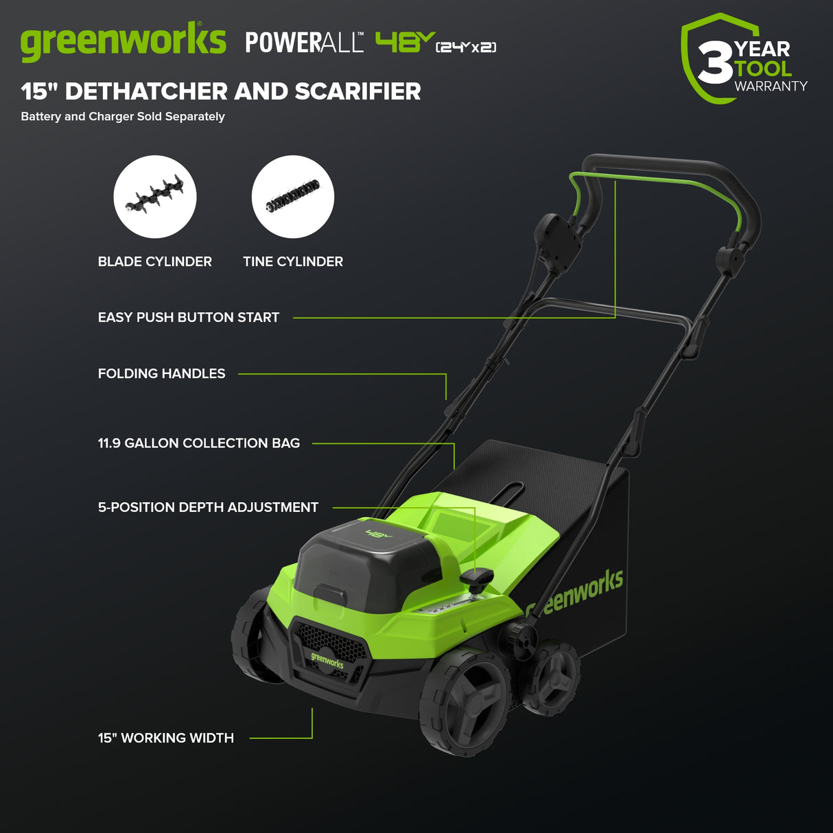 48V (24V x 2) 15" Brushless Dethatcher / Scraifier (Tool Only)