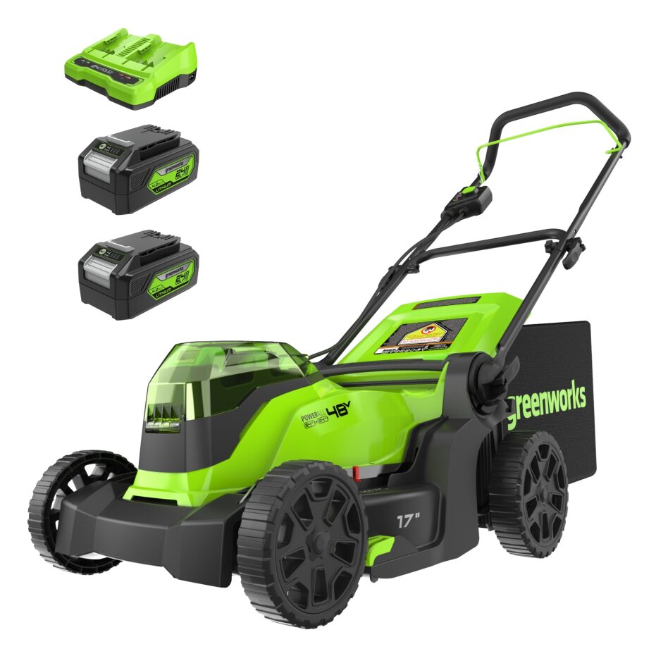 48V (2 x 24V) 17" Brushless Push Mower, (2) 4.0Ah Batteries and Dual Port Charger