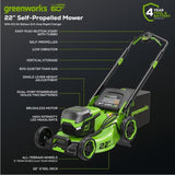 60V 22" Cordless Battery Self-Propelled Lawn Mower, 8.0Ah Battery & Charger Included
