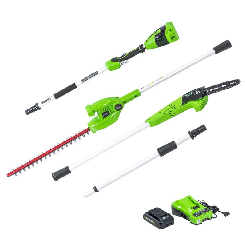 24V 8" Cordless Battery Pole Saw & Pole Hedge Trimmer, 2.0Ah USB Battery and Charger