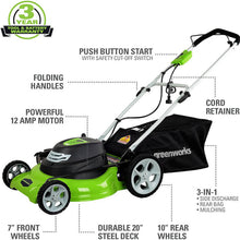 Load image into Gallery viewer, 12 Amp 20&quot; Corded Lawn Mower
