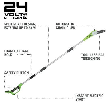 24V 8" Cordless Battery Pole Saw & Pole Hedge Trimmer, 2.0Ah USB Battery and Charger