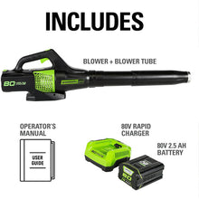 Load image into Gallery viewer, 80V 145 MPH - 580 CFM Brushless Leaf Blower, 2.5Ah Battery and Charger Included - BL80L2510
